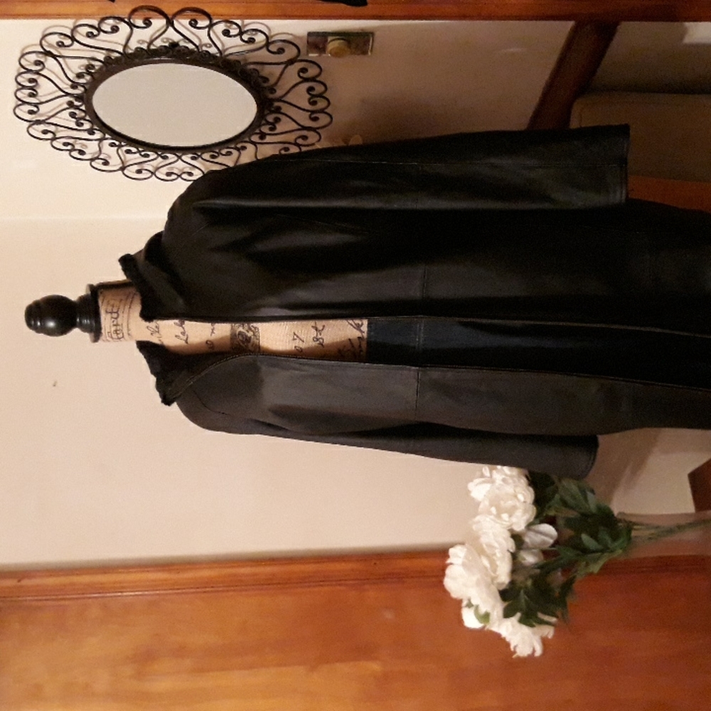 Vintage Fitz Wright Black Leather Long Trench Coat